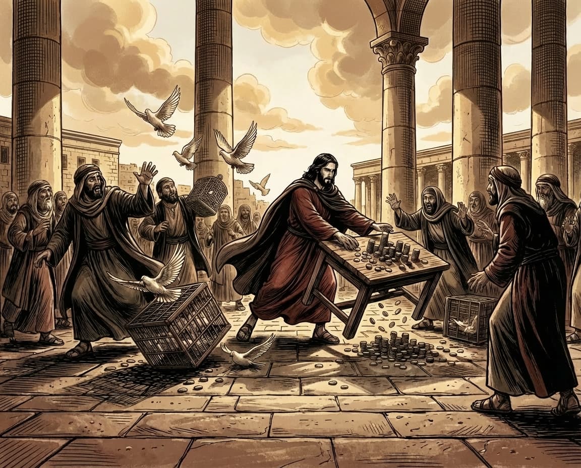 Jesus cleansing the temple, overturning the tables of the money changers