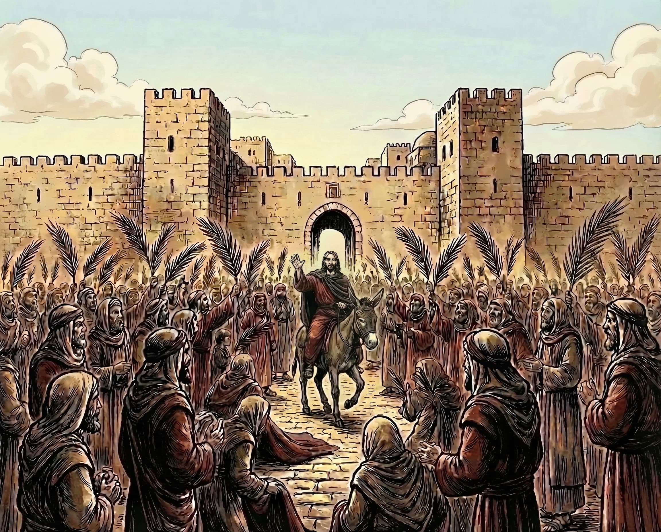Jesus riding into Jerusalem on Palm Sunday as crowds wave palm branches