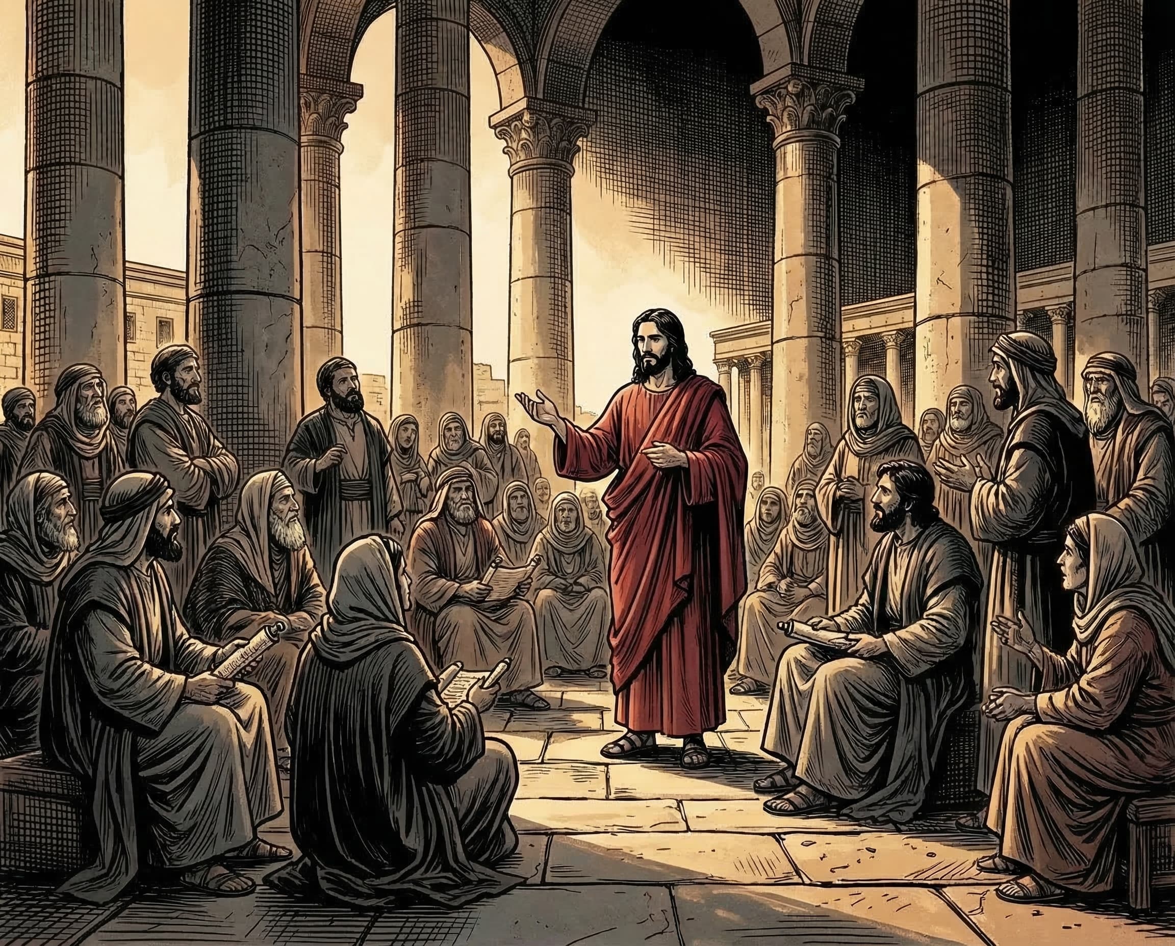 Jesus teaching parables to gathered crowds in the temple courts